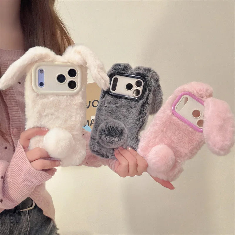 3D Cartoon Solid Colors Rabbit Furry Plush Phone Case For iPhone