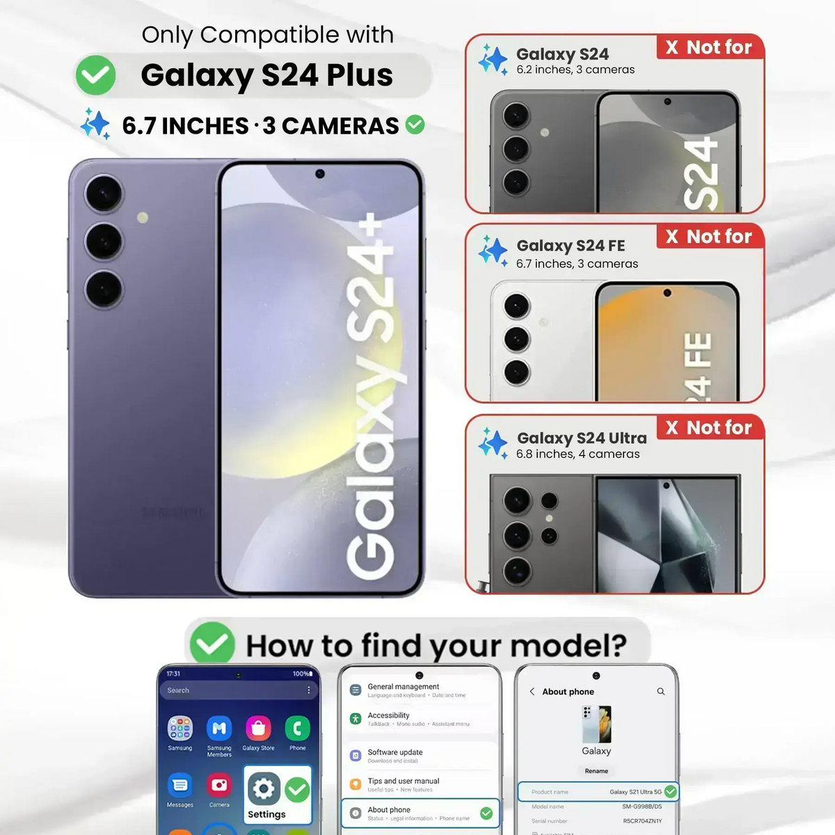 Entronix Clear Screen Protector Compatible with Galaxy S24 Plus - 3-Piece Combo